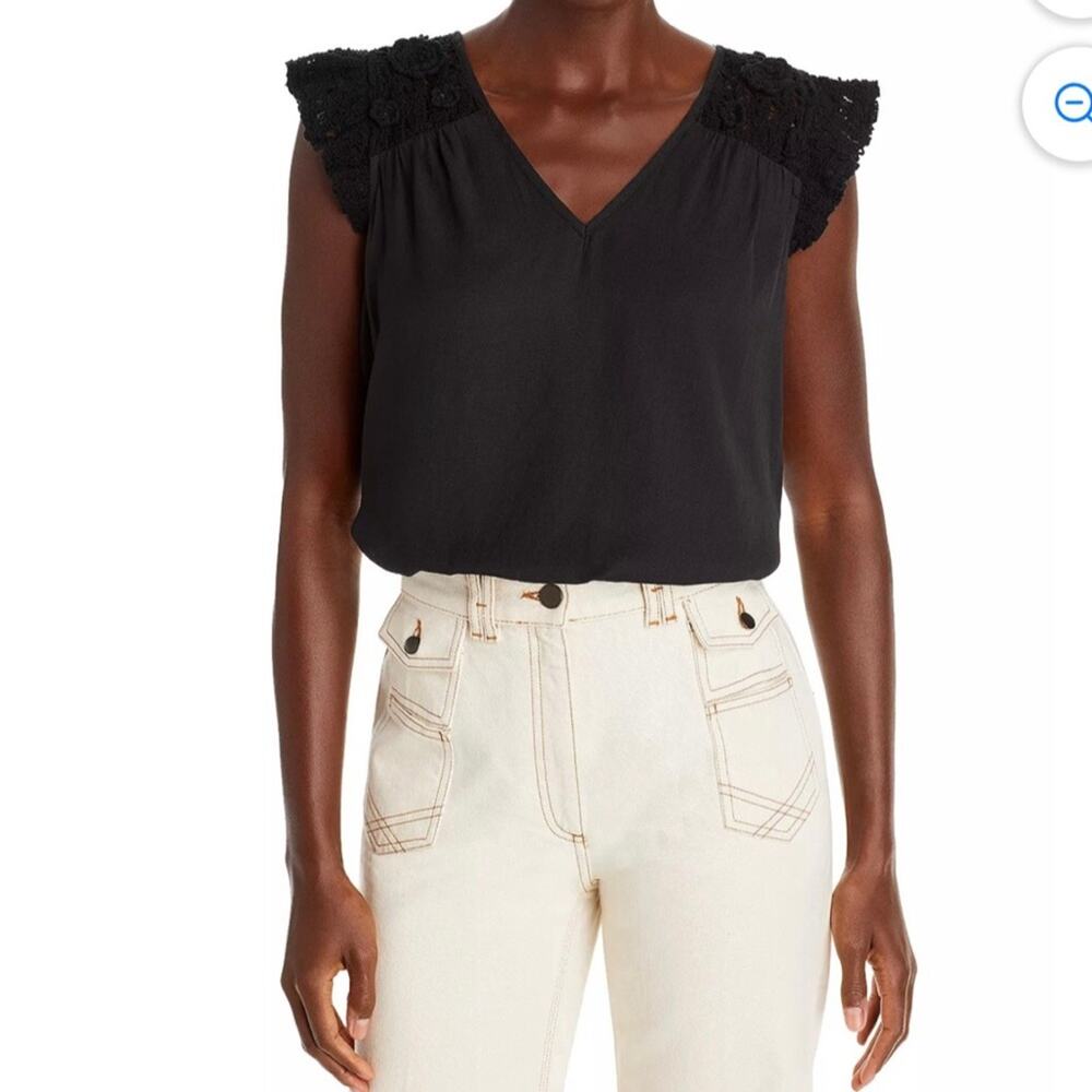 Aqua Crochet Shoulders Flutter Short Sleeves Black Casual Top Women’s Size L